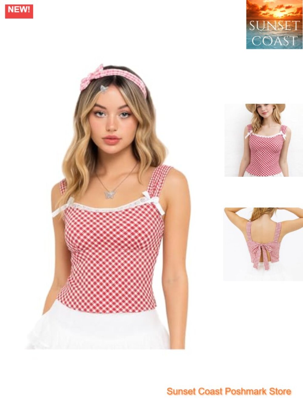 Gingham Square Neck Tank Top Sleeveless Bow Tie Back Cute Summer Cami